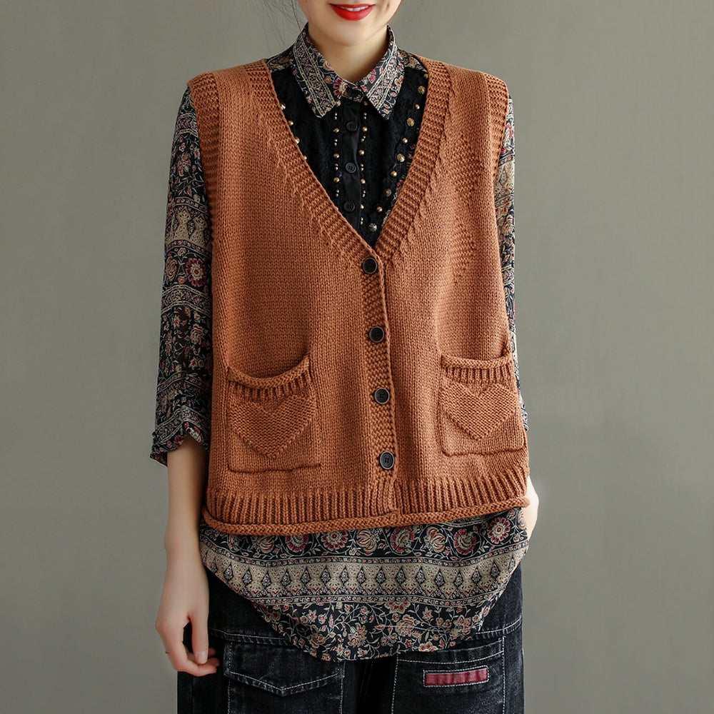 Women Solid V-Neck Knitted Vest