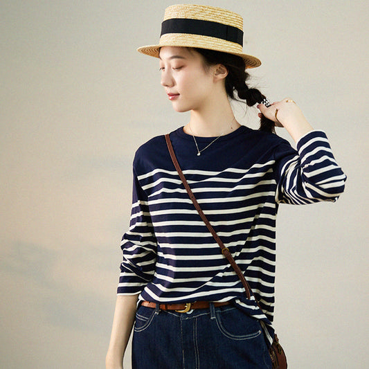 Women Striped Long-sleeve T-shirt new Loose Fit Casual Top - Luckyback