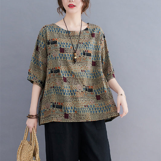 Women Summer Linen Printed Gathered T-shirt